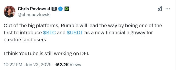 YouTube 竞争对手 Rumble 推出支持比特币和 Tether 支付的数字钱包 post image