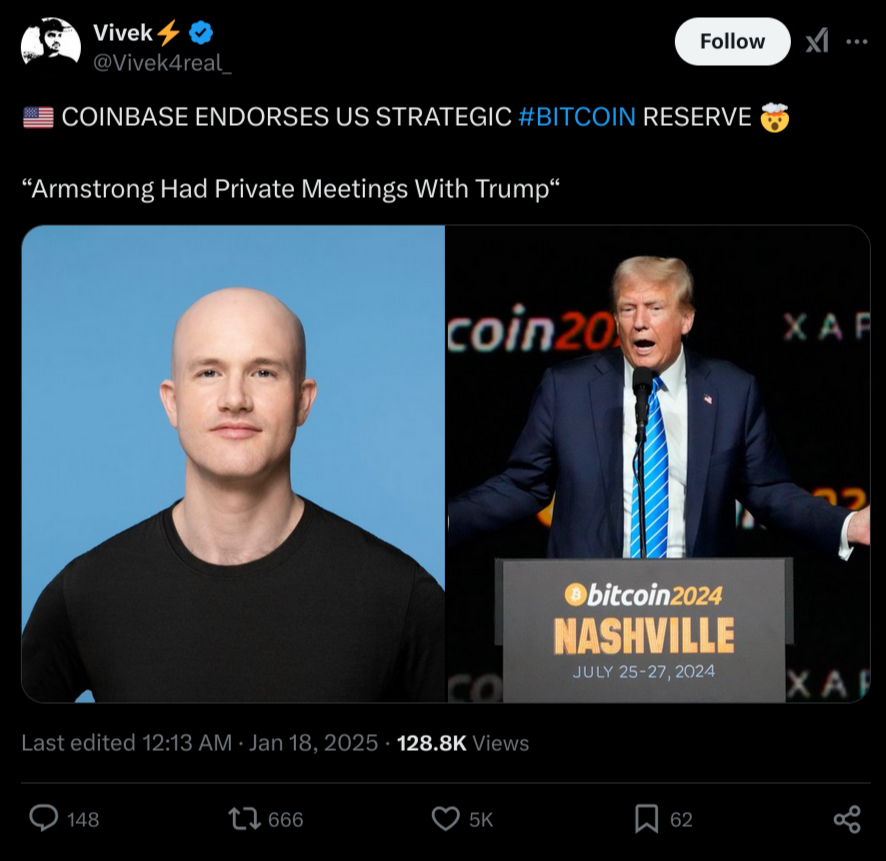 Coinbase публично поддержала концепцию создания Биткоин резерва в США post image