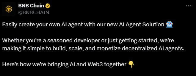 BNB запускает решение для разработчиков без кода для ИИ агентов post image