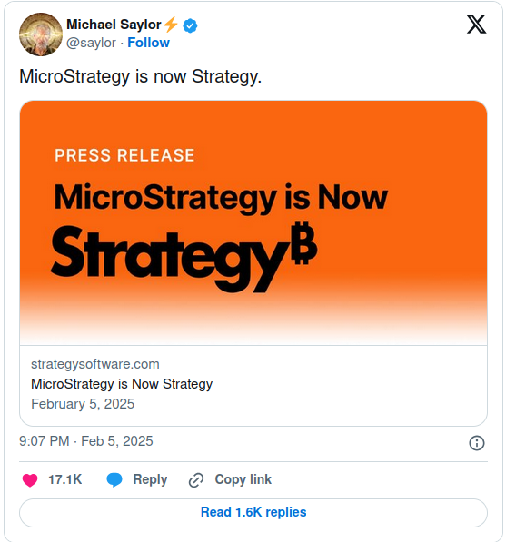 MicroStrategy rebrands to Strategy reflecting its Bitcoin focus post image