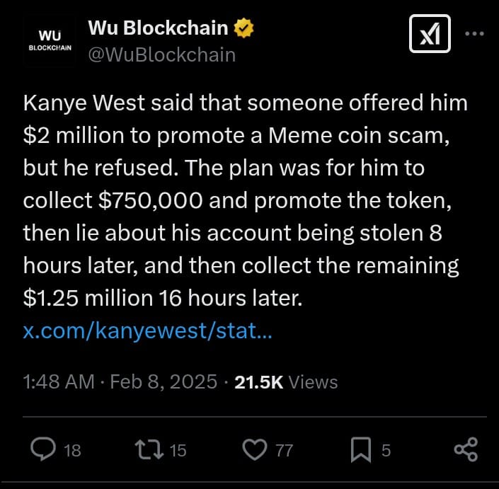 坎耶·韦斯特（Kanye West）公开了模因硬币骗局 - 他拒绝了200万美元的交易 post image