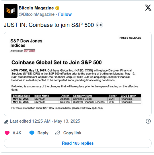 Coinbase成为第一家比特币和加密公司加入标准普尔500指数； Yuga Labs将Cryptopunks IP转移到非营利基金会 post image
