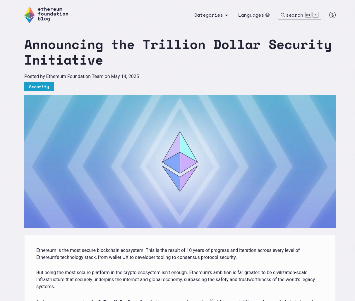 The Ethereum Foundation has announced the Trillion Dollar Security Initiative, aiming to enhance Ethereum's security to support a world where trillions of dollars are safely stored on the platform post image