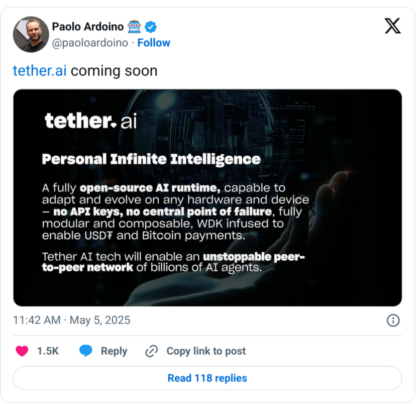 Tether Jumps Into AI Race With Open-Source Platform, Planned Bitcoin and USDT Payments post image