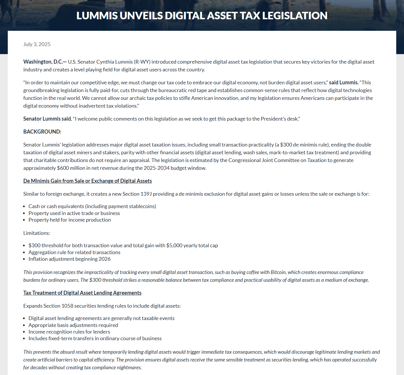 参议员卢米斯（Lummis）介绍了缓解比特币（BTC）和加密税款的法案，以低于$ 300 post image