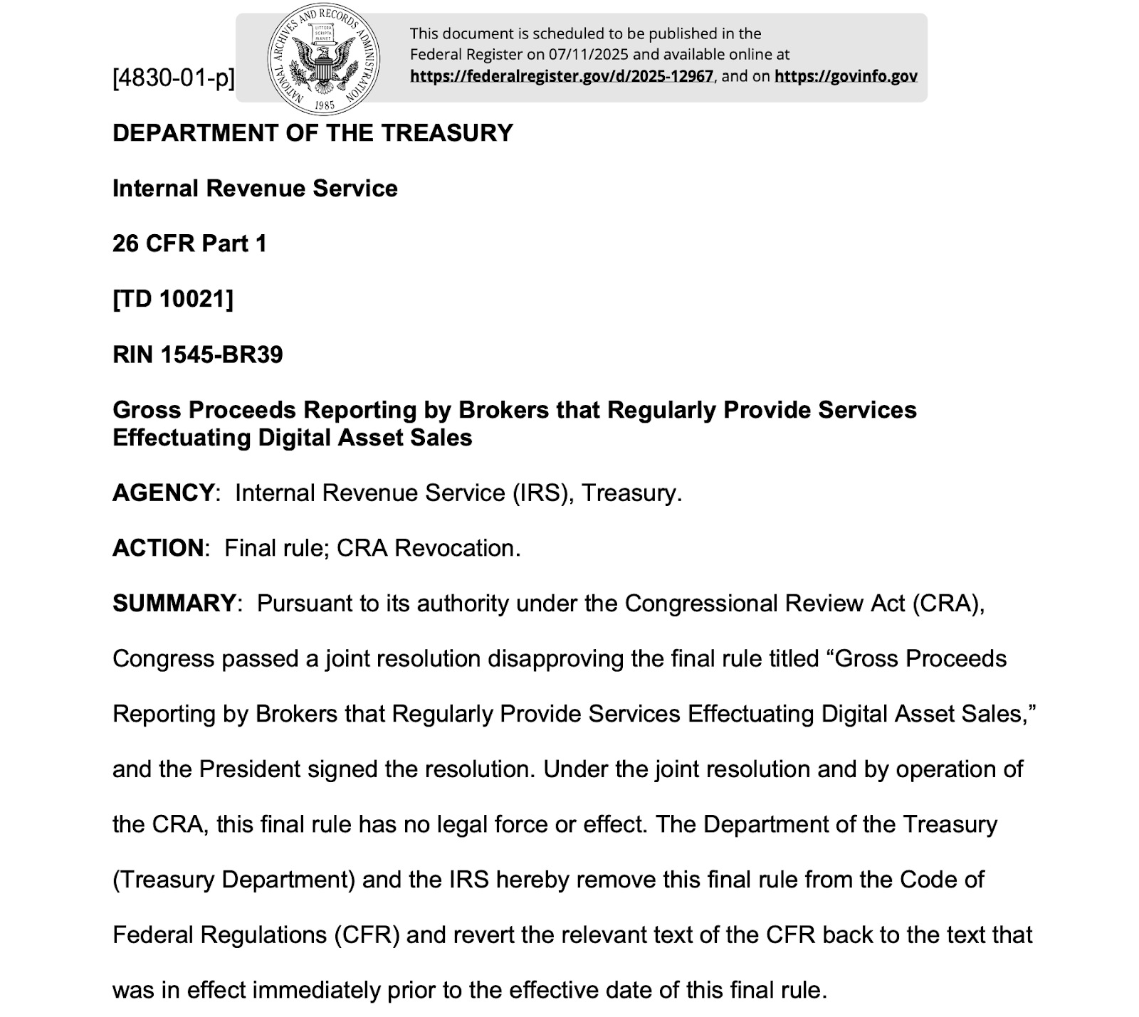 US Treasury Officially Scraps Crypto Broker Reporting Rules After Congressional Vote post image