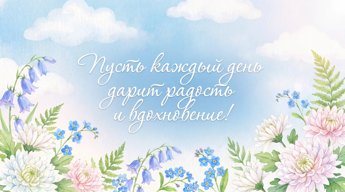 На нежно-голубом небе колокольчики, незабудки и хризантемы