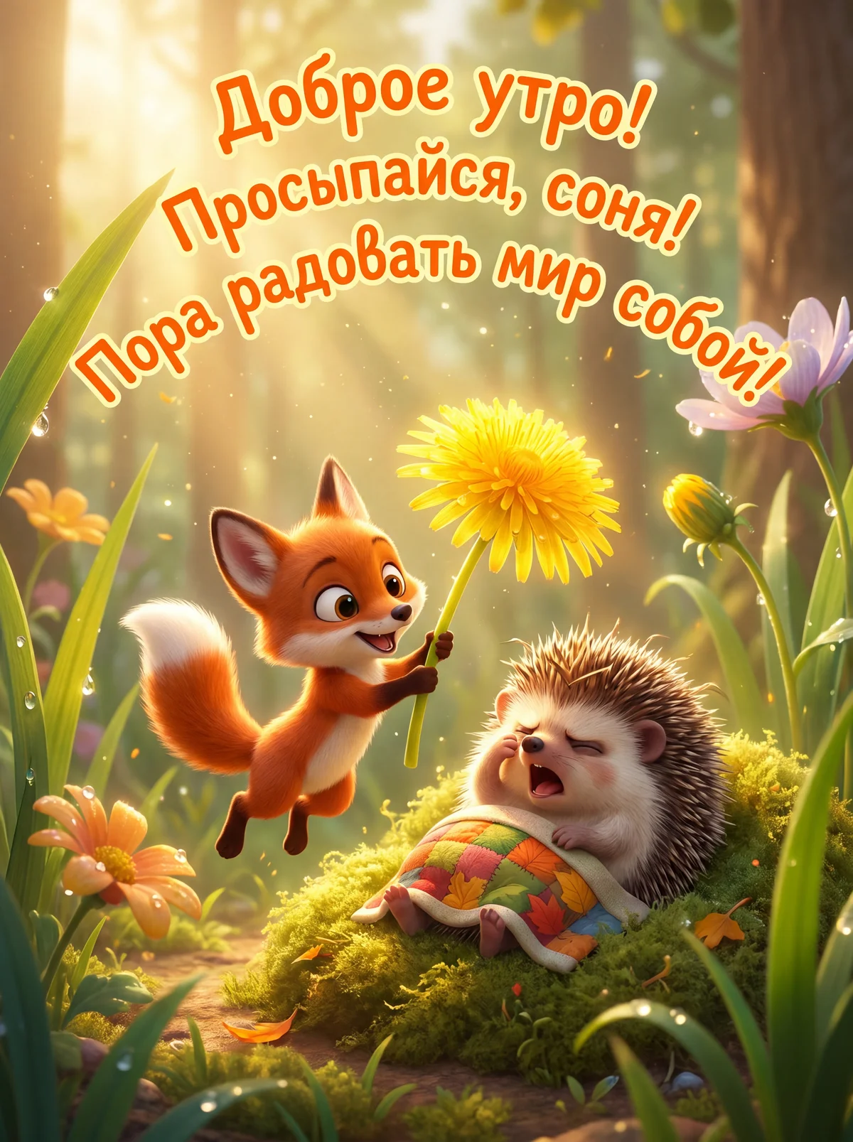 открытка с добрым утром, смешная, на ней ежик и лисенок, отк...