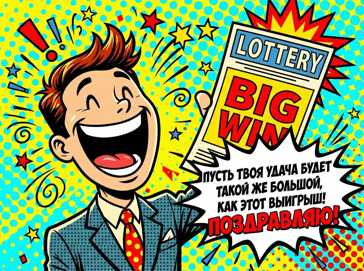 Победитель с широкой улыбкой и лотерейным билетом