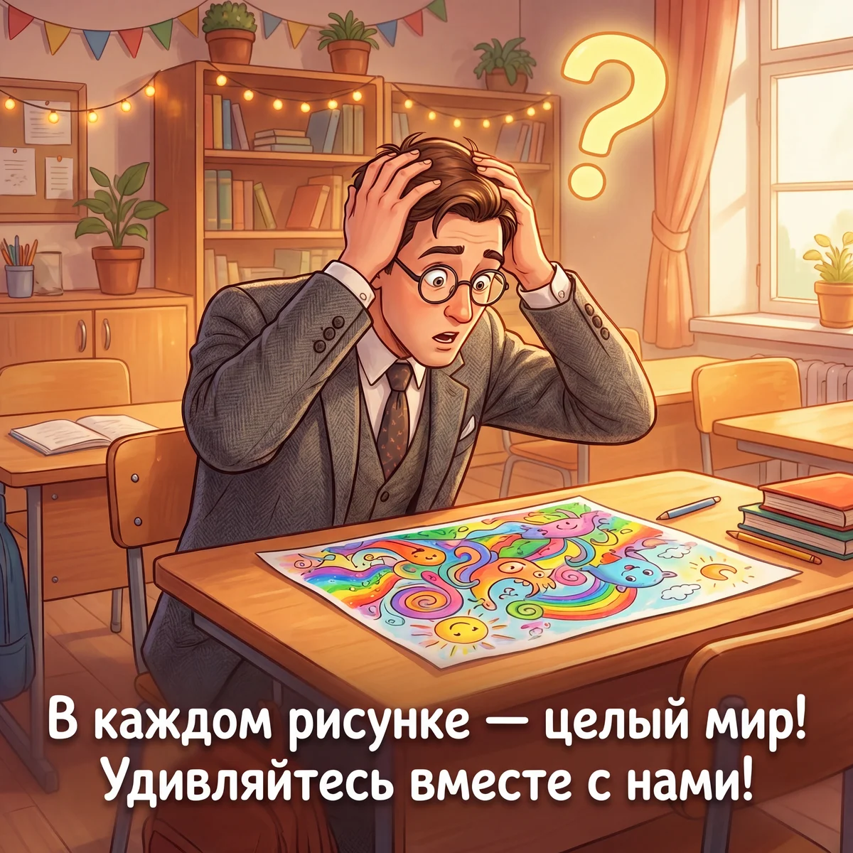 рисунок, на котором учитель в костюме внимательно и удивленн...