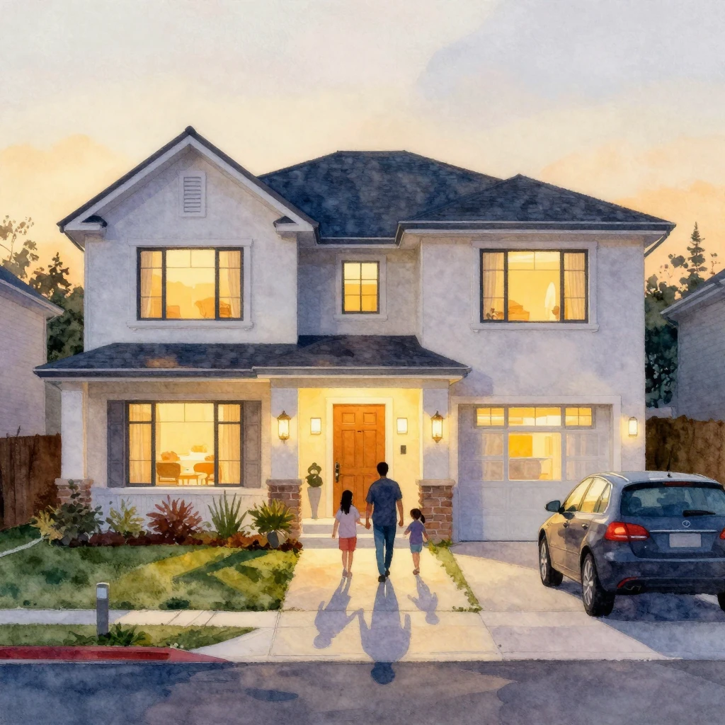A vibrant watercolor painting of a modern suburban house at ...