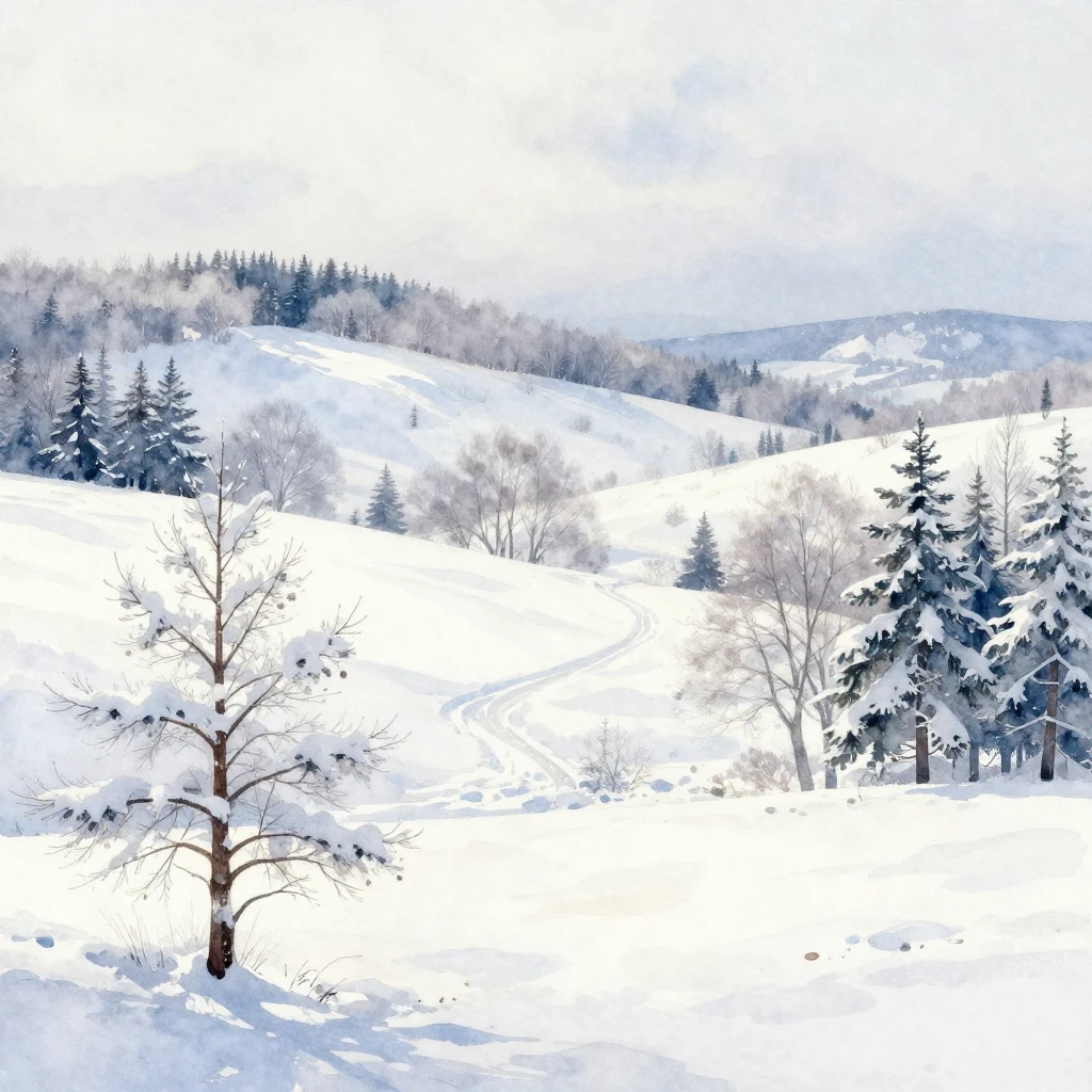 Watercolor painting of a vast, tranquil winter landscape wit...