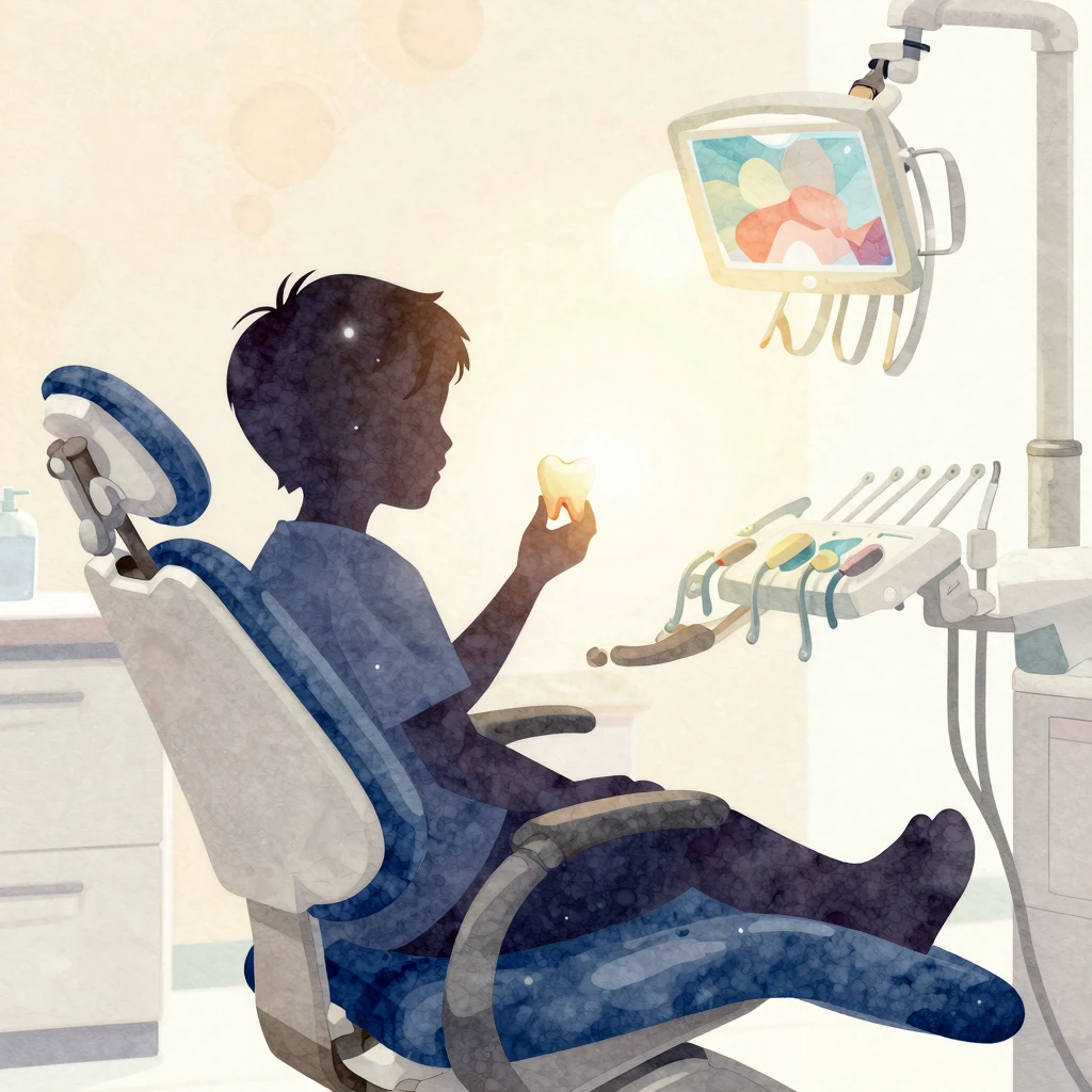 Watercolor style silhouette of a child sitting in a dentist ...
