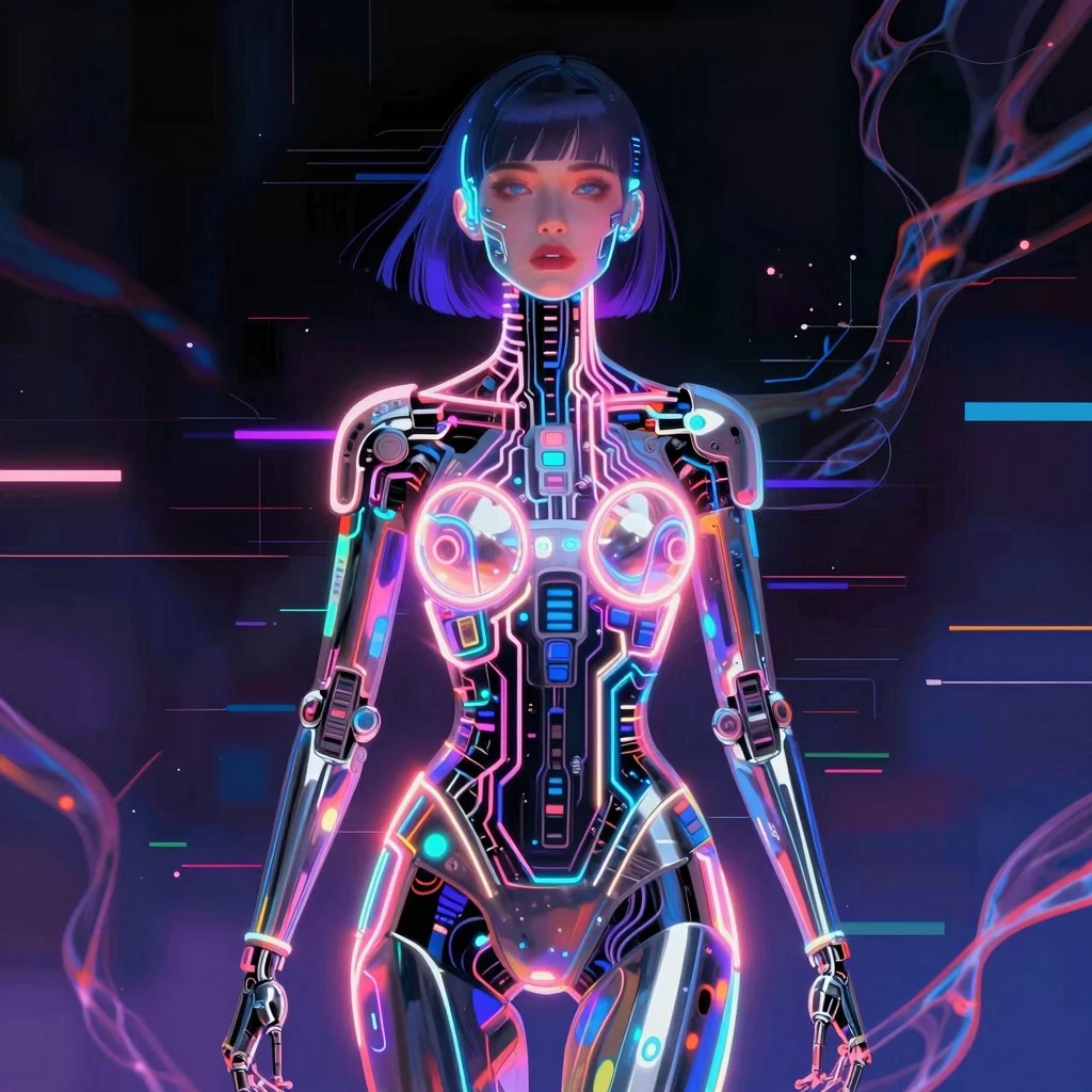 Artistic illustration of a cybernetic female figure composed...