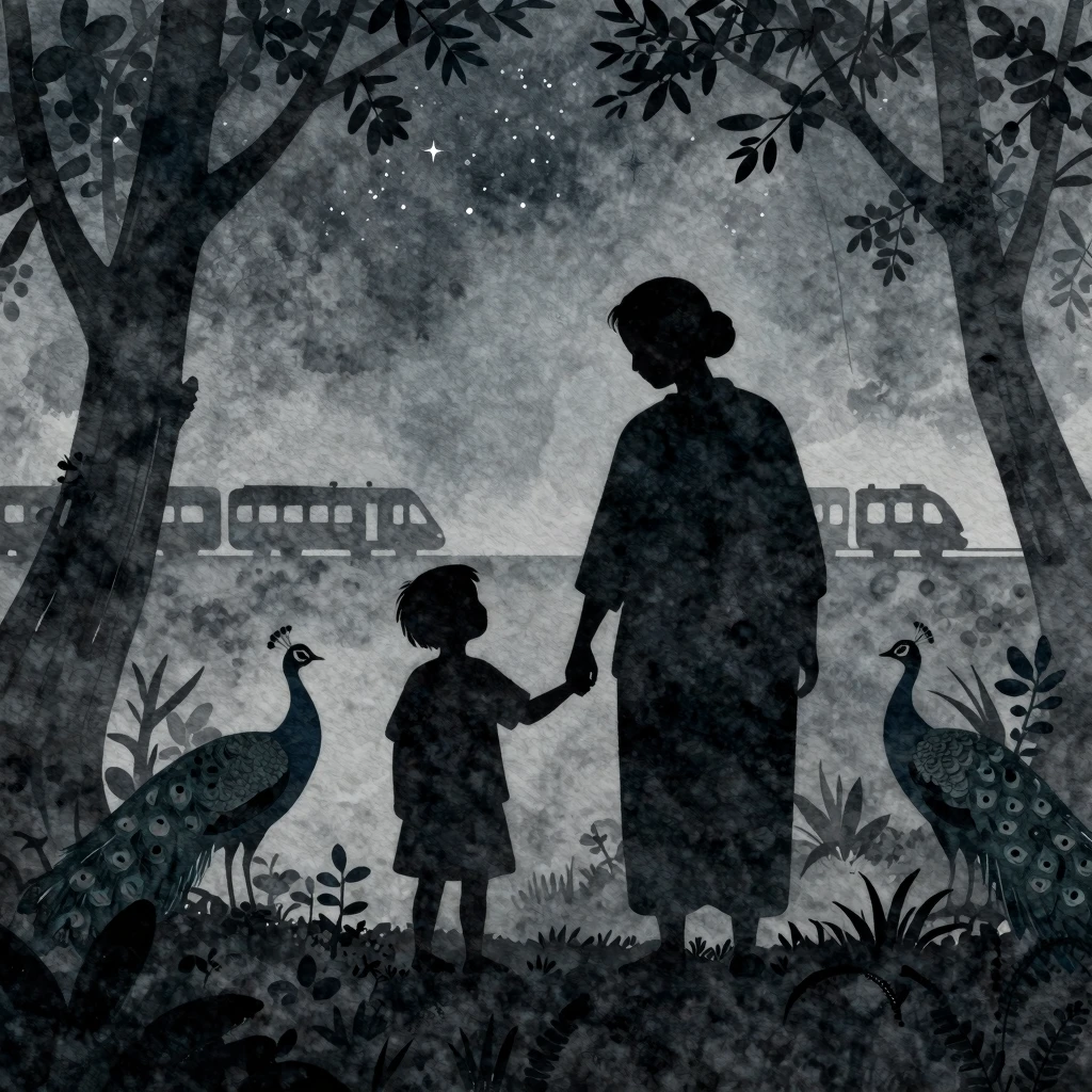 Watercolor style silhouette of an old woman and a child hold...