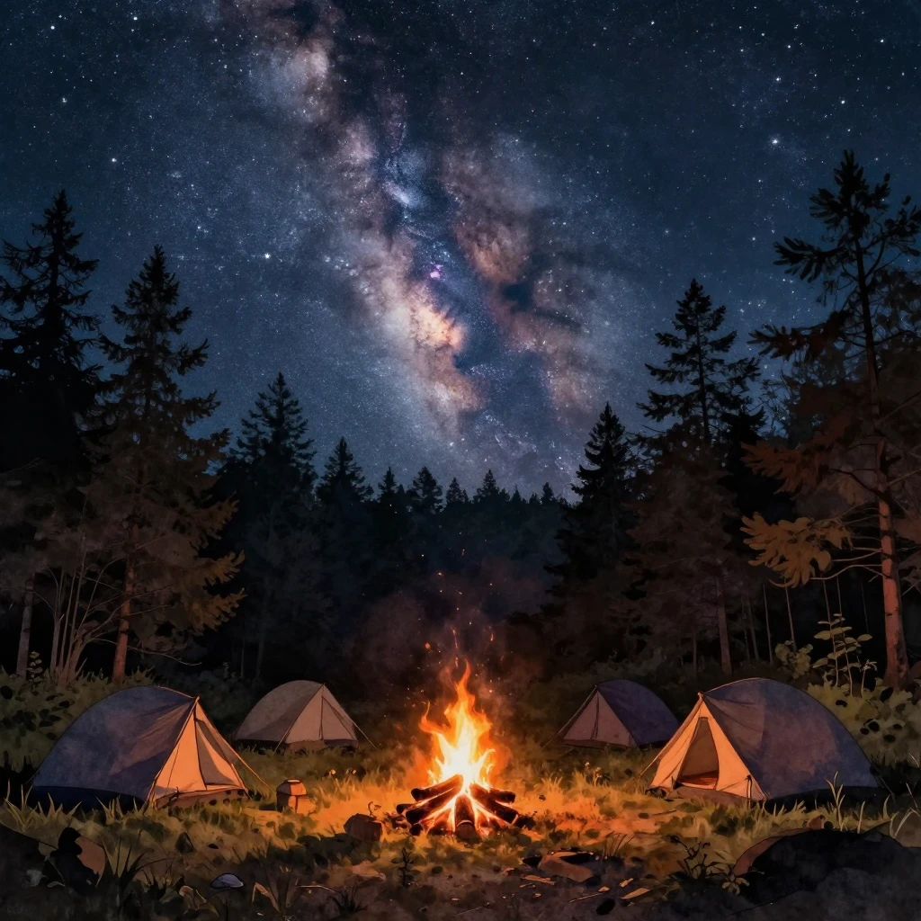 A cozy campsite in a dark forest at night, glowing campfire ...