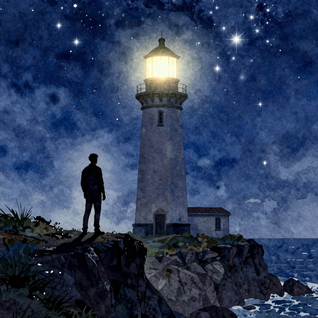 A vibrant watercolor style image of a bright glowing lightho...