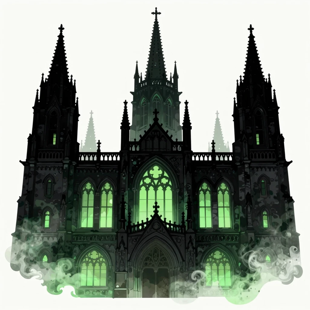 Dark silhouette of a gothic academy building, intricate deta...