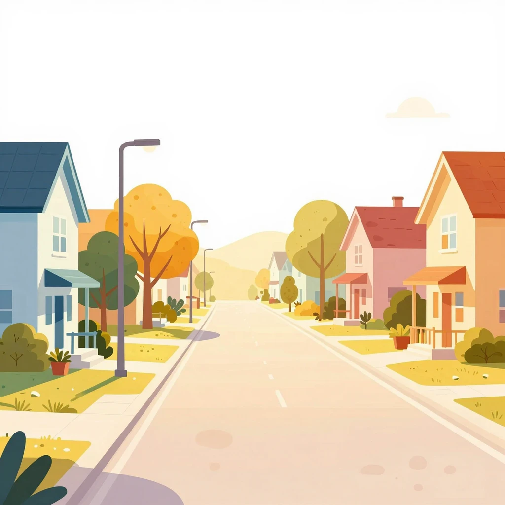 Minimalist vector art of a cozy suburban neighborhood street...