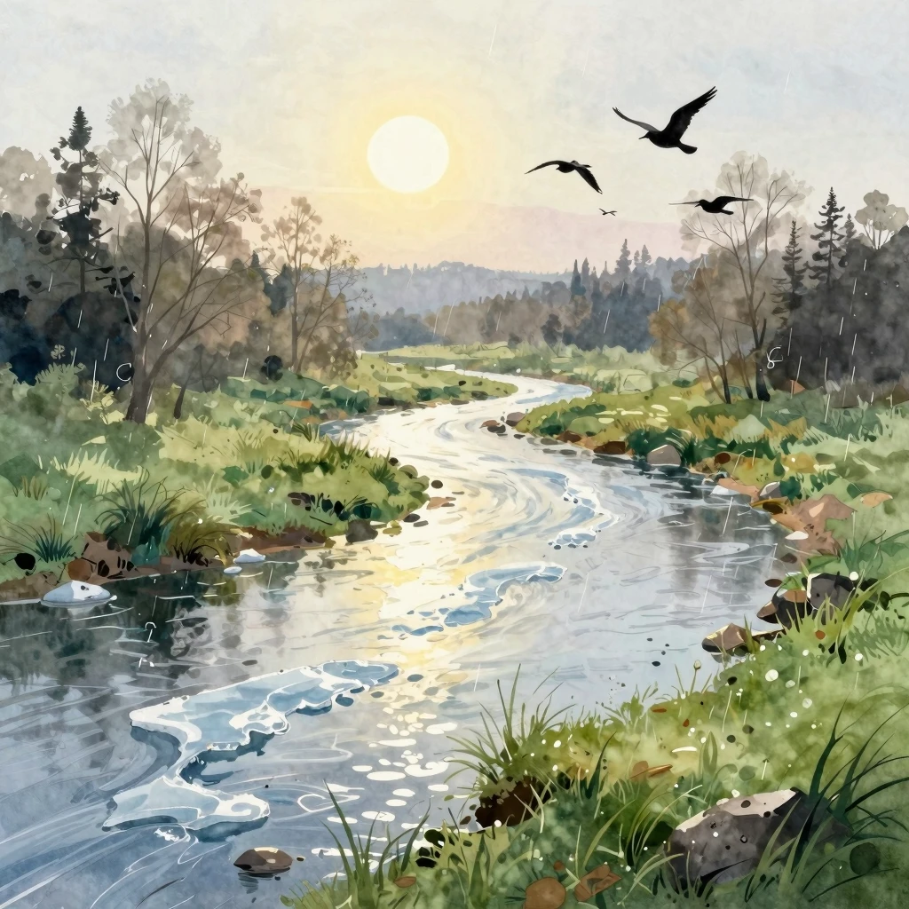 A spring river landscape in watercolor style. The river, wit...