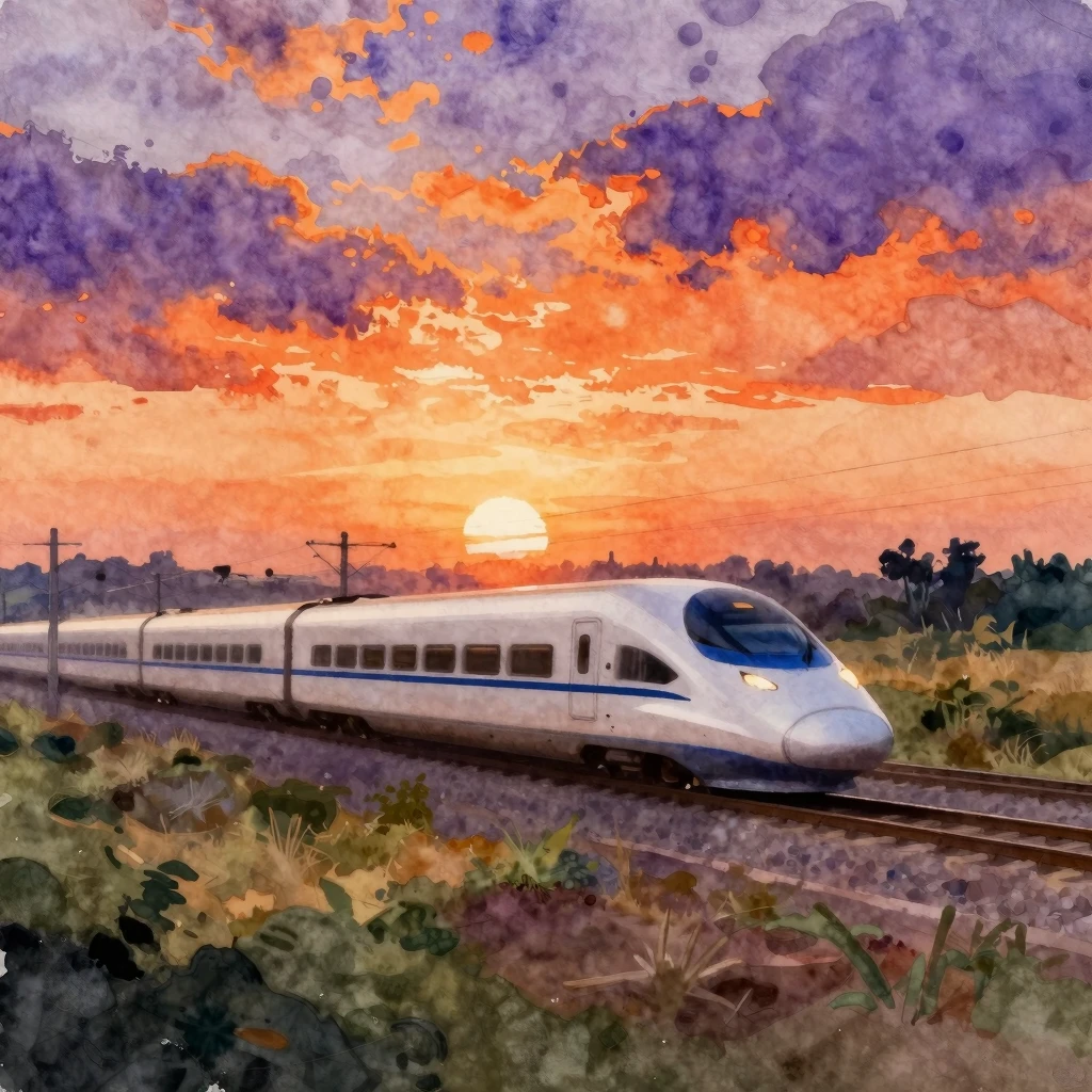 Watercolor painting of a high-speed train moving through a v...