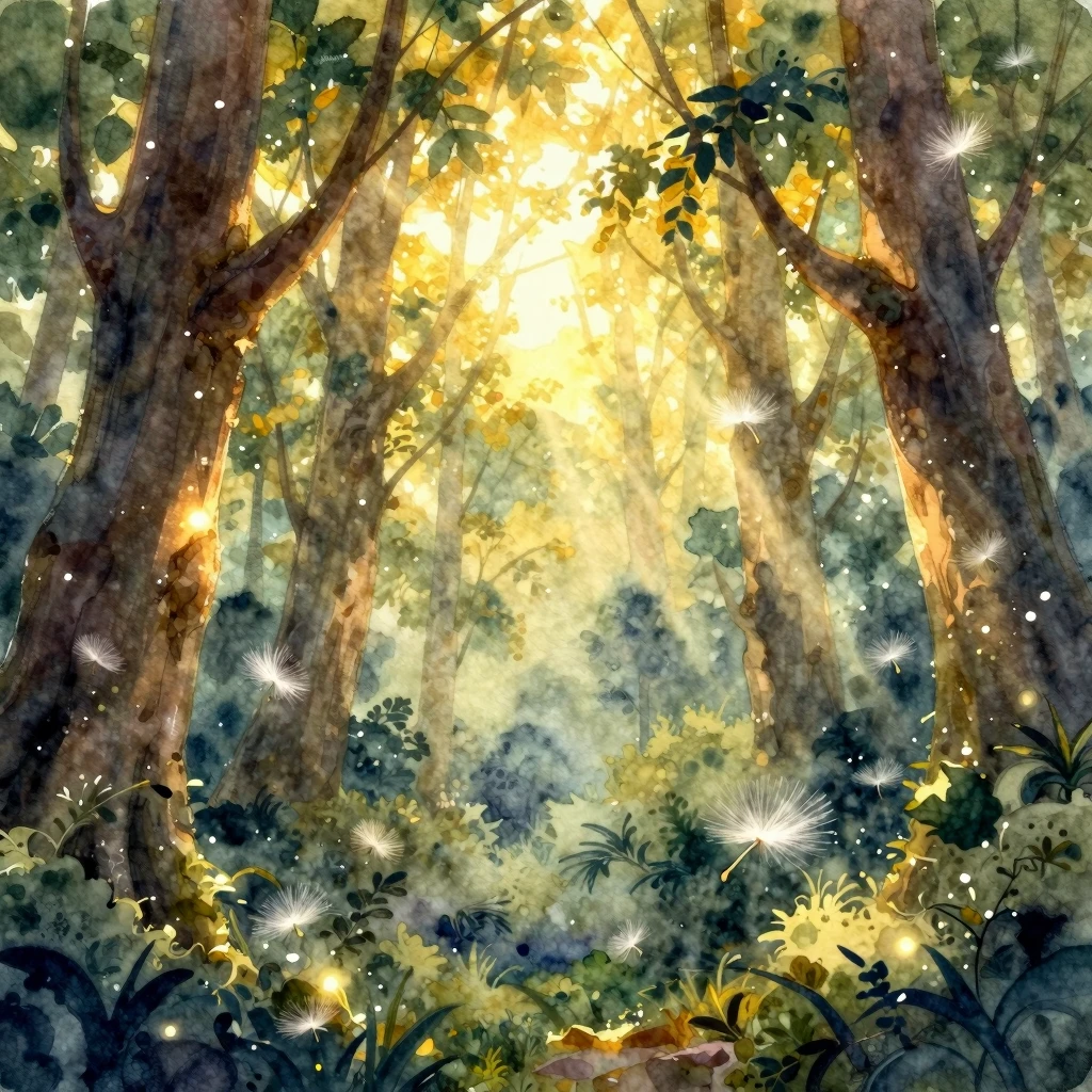 An artistic watercolor painting of an enchanted forest, gold...