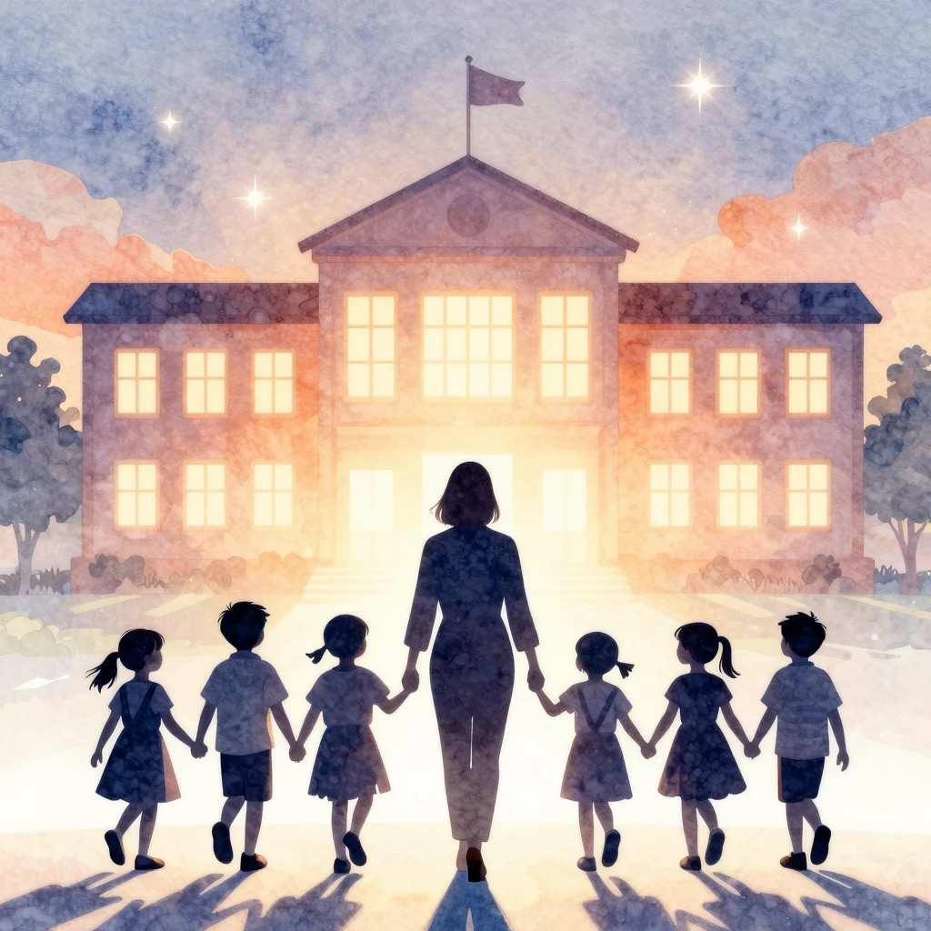 Watercolor style silhouette of a teacher holding hands with ...
