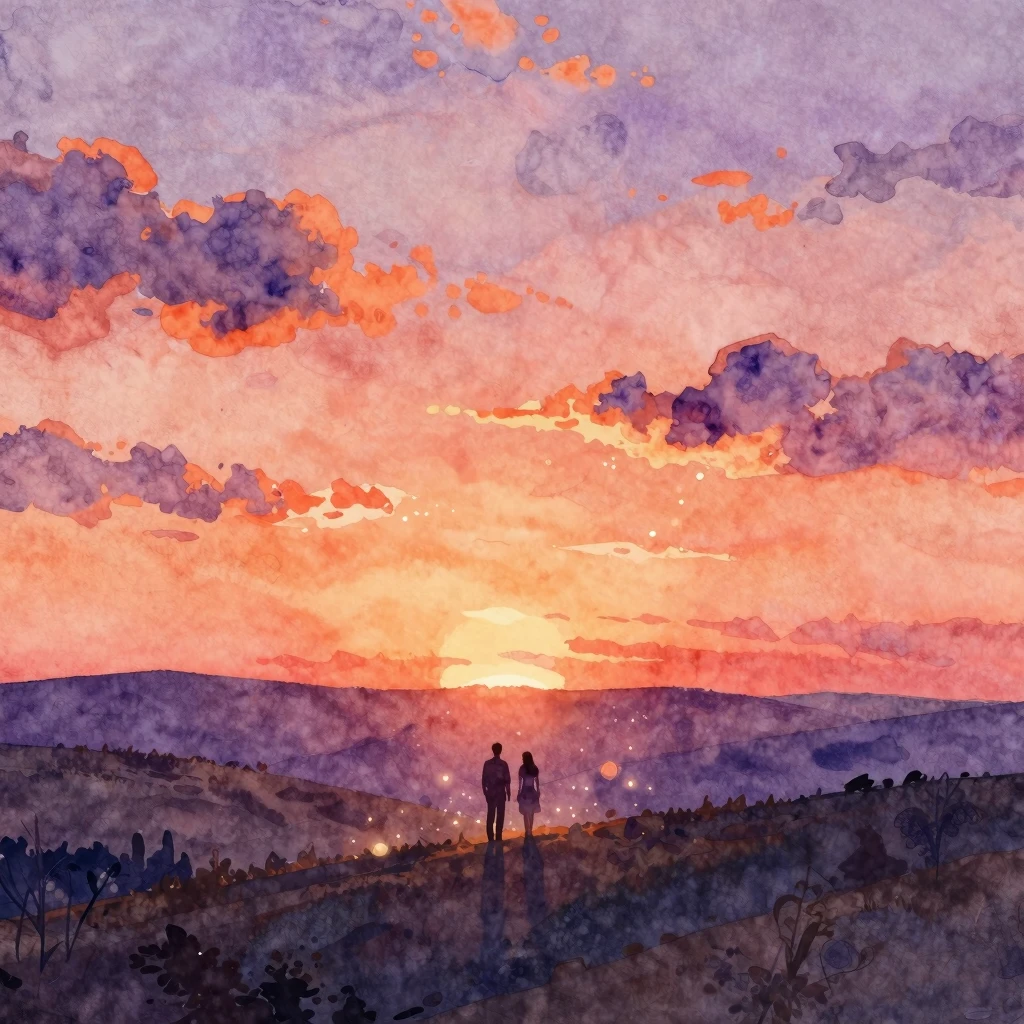 Watercolor painting of a beautiful romantic sunset over a ro...