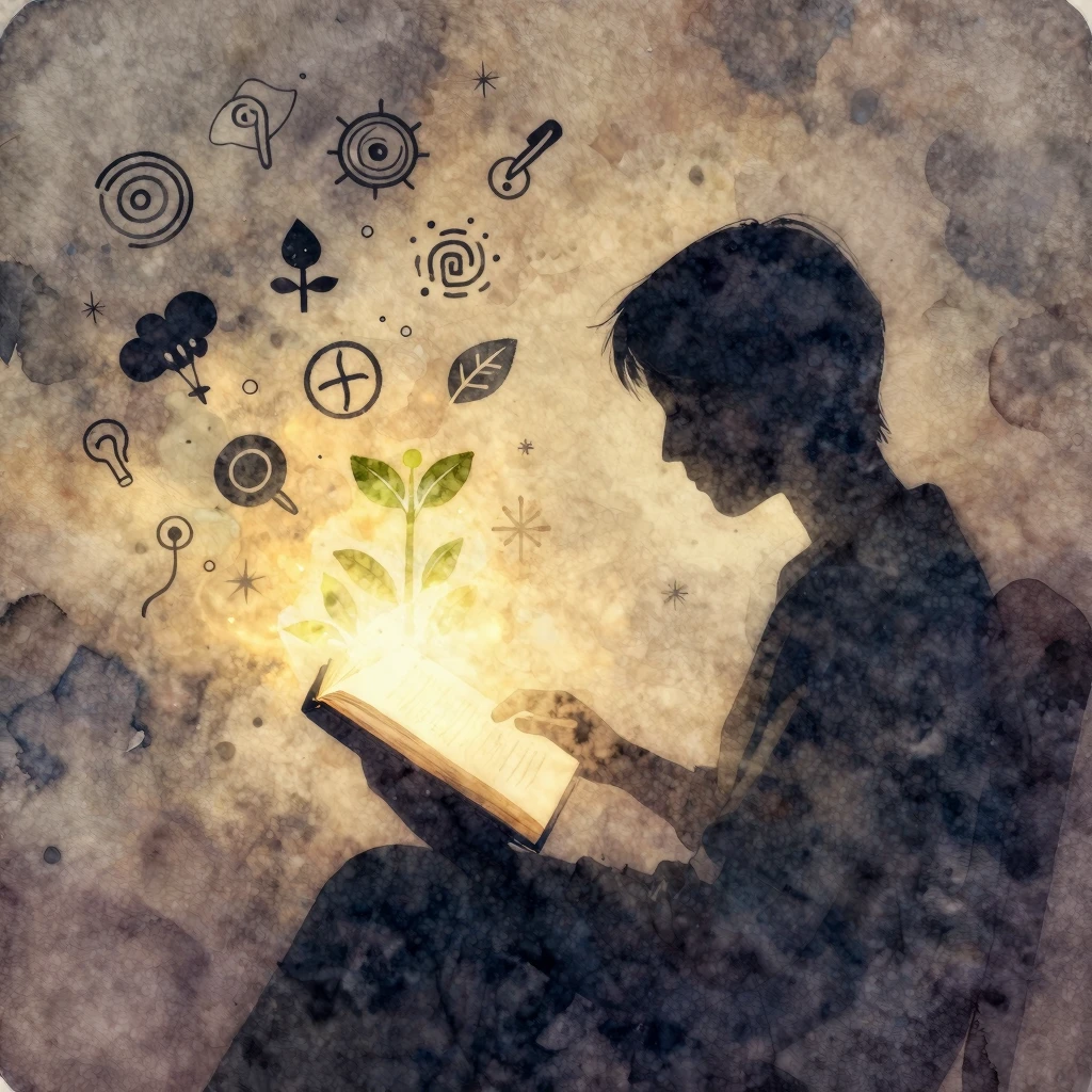 A watercolor style image of a silhouette of a person reading...