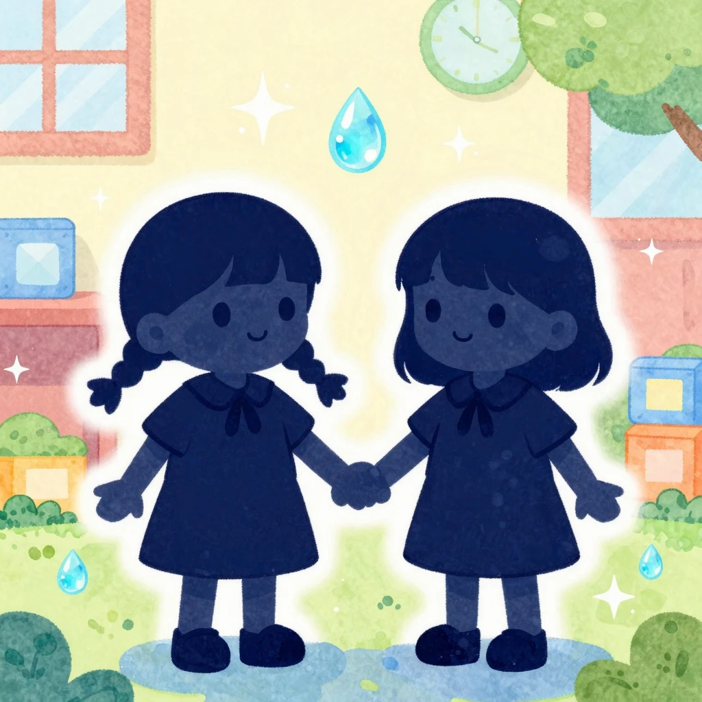 Vibrant watercolor illustration of two cute little girl silh...