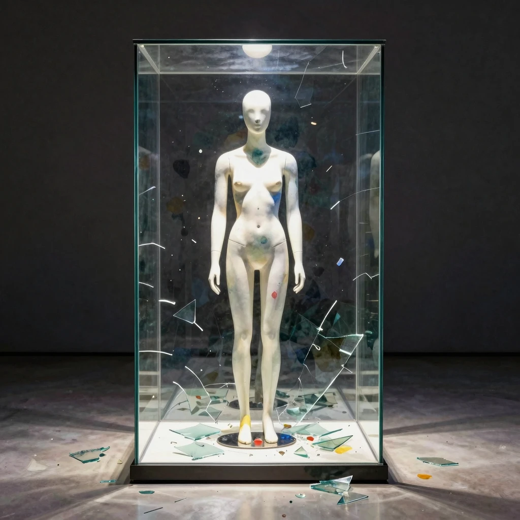 A lonely mannequin standing inside a glass display case, sha...