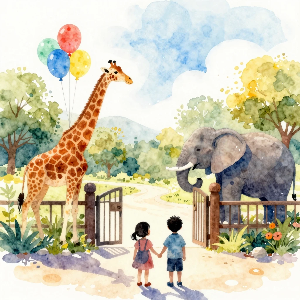 A vibrant watercolor illustration of a zoo entrance on a sun...