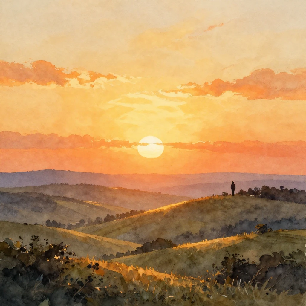 A vibrant watercolor painting of a golden sunrise over a rol...