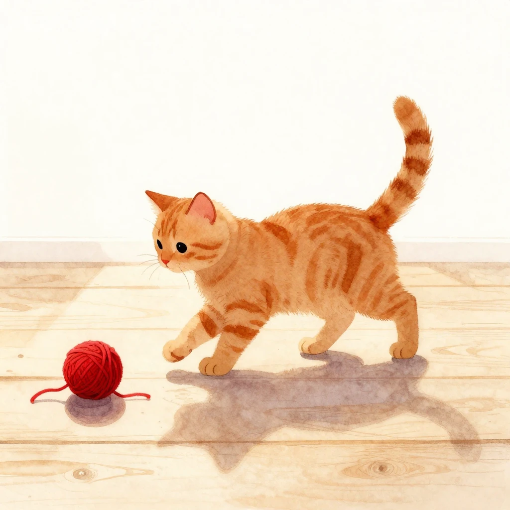A fluffy ginger kitten silhouette with a long tail is playfu...