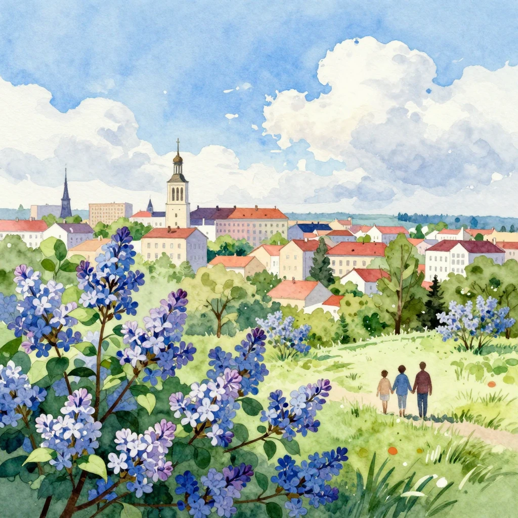 Vibrant watercolor painting of a peaceful spring city landsc...