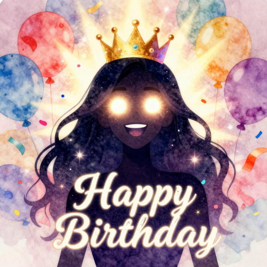 Vibrant watercolor style birthday cover art, silhouette of a...