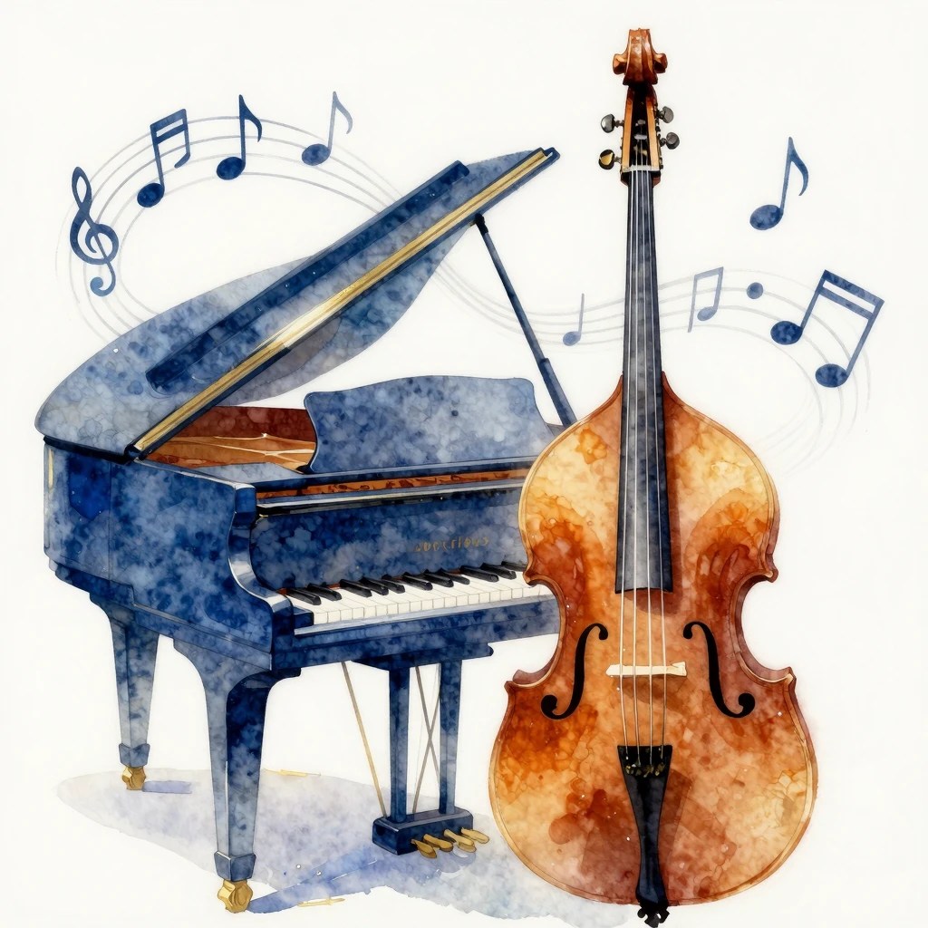 Watercolor painting of a grand piano and a double bass. Soft...