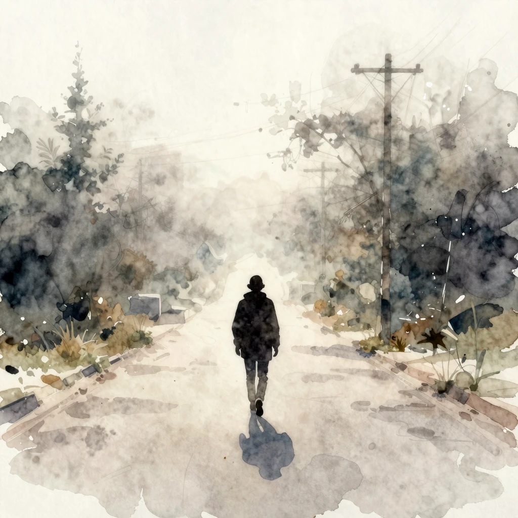 A solitary silhouette walking away on a path, rendered in wa...