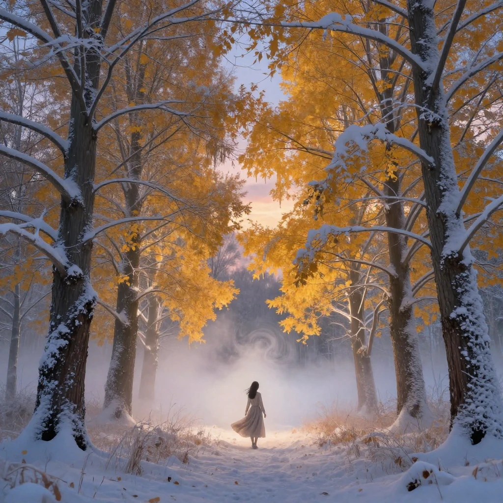 A whimsical surreal landscape where snowy winter trees melt ...