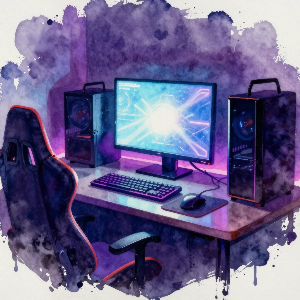 A vibrant watercolor painting of a dark gaming room. A glowi...