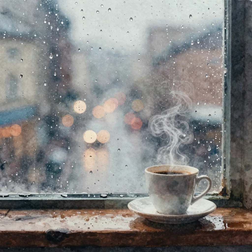 Watercolor painting of a rainy window with soft droplets on ...