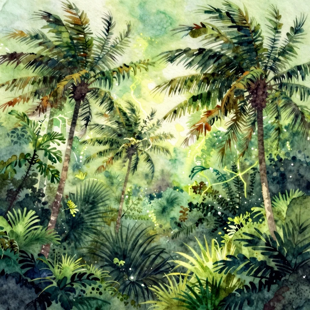 A watercolor representation of an energetic jungle canopy. H...