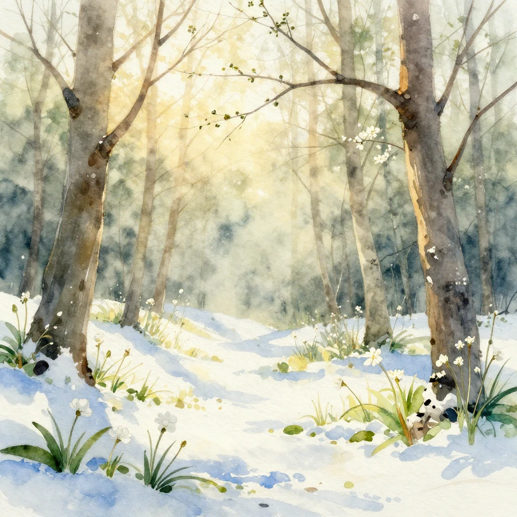 An ethereal watercolor painting of an early spring forest sc...
