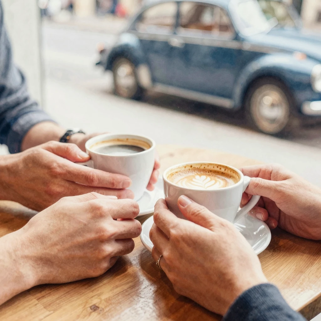 A close-up of a cafe table with two coffee cups, a couple's ...