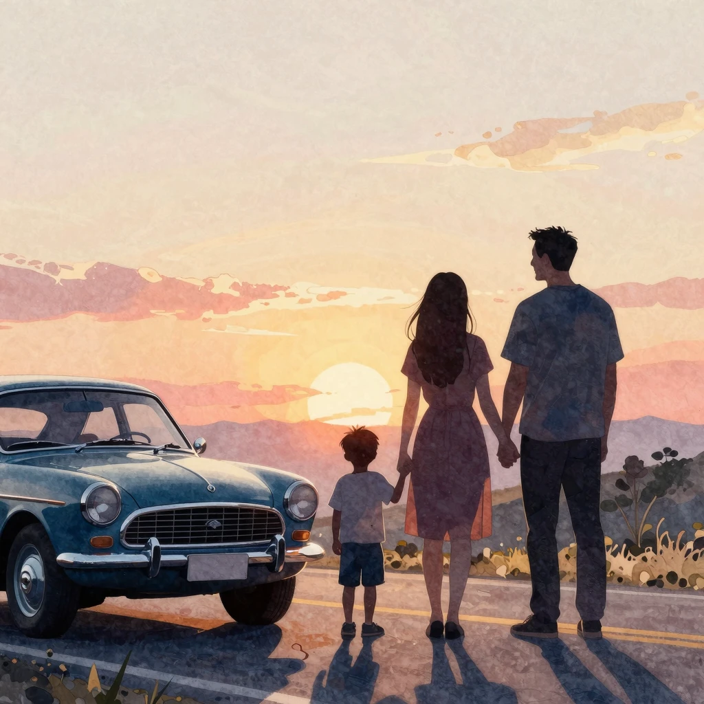 Vibrant watercolor style. A cinematic silhouette of a happy ...