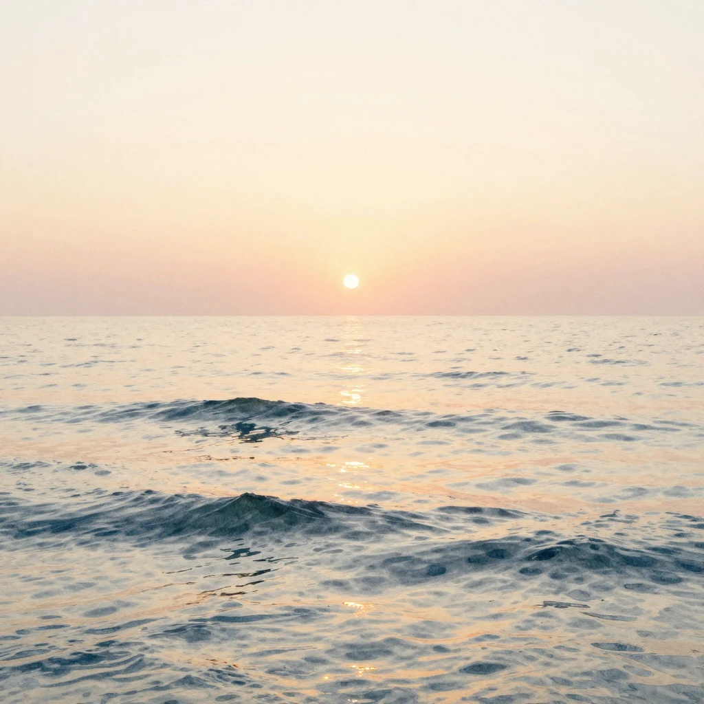 Artistic watercolor painting of a calm ocean at sunrise, sof...