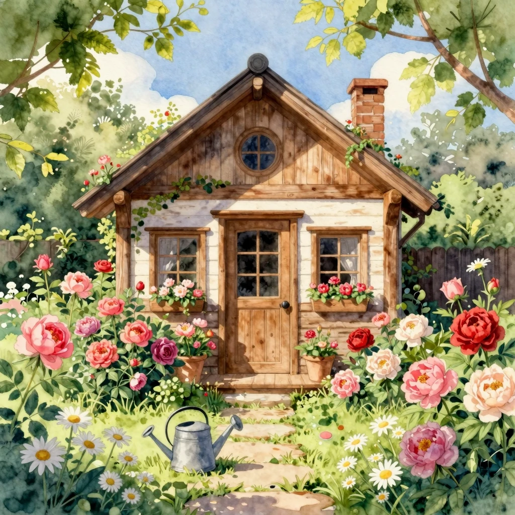 Watercolor style. A cozy wooden summer house surrounded by a...