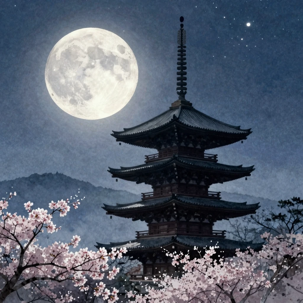 A traditional Japanese pagoda silhouetted against a large fu...
