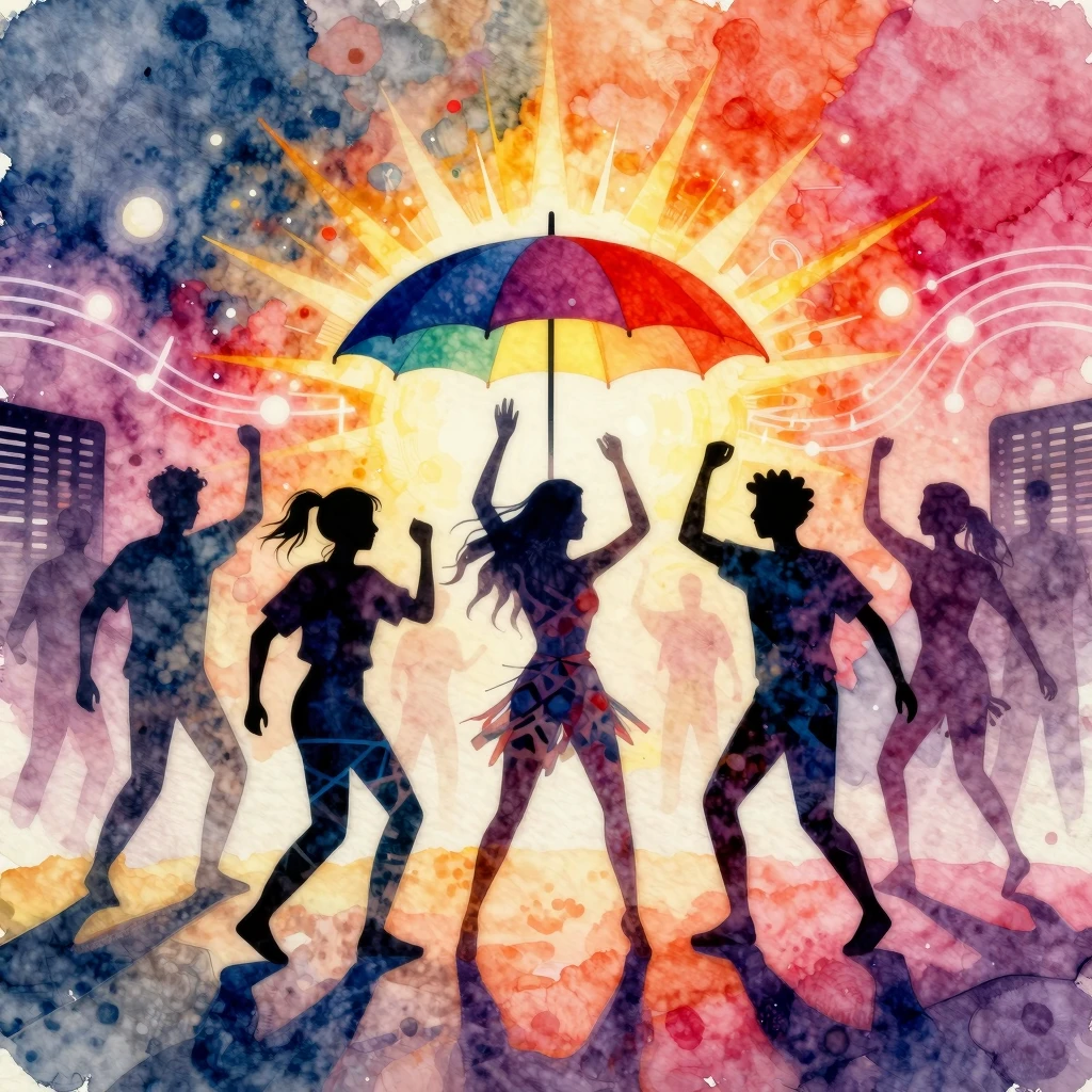 Vibrant watercolor abstract art, a group of silhouettes danc...