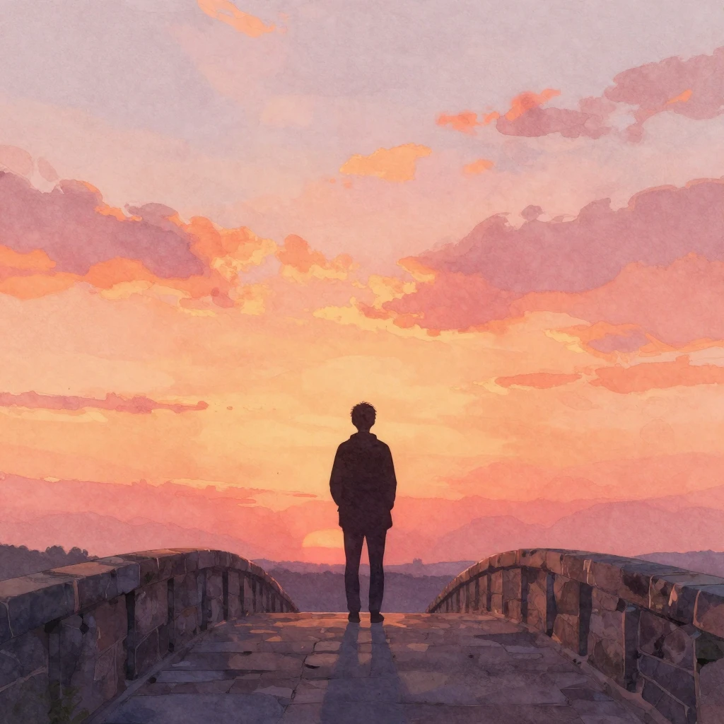 Watercolor style digital art of a person silhouette standing...